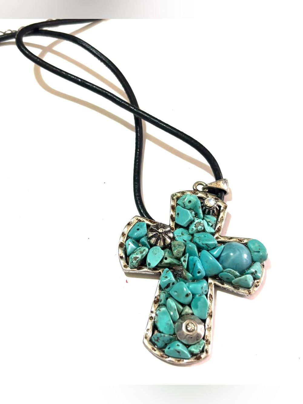 Turquoise unisex Stone Cross Pendant Necklace on Black Cord